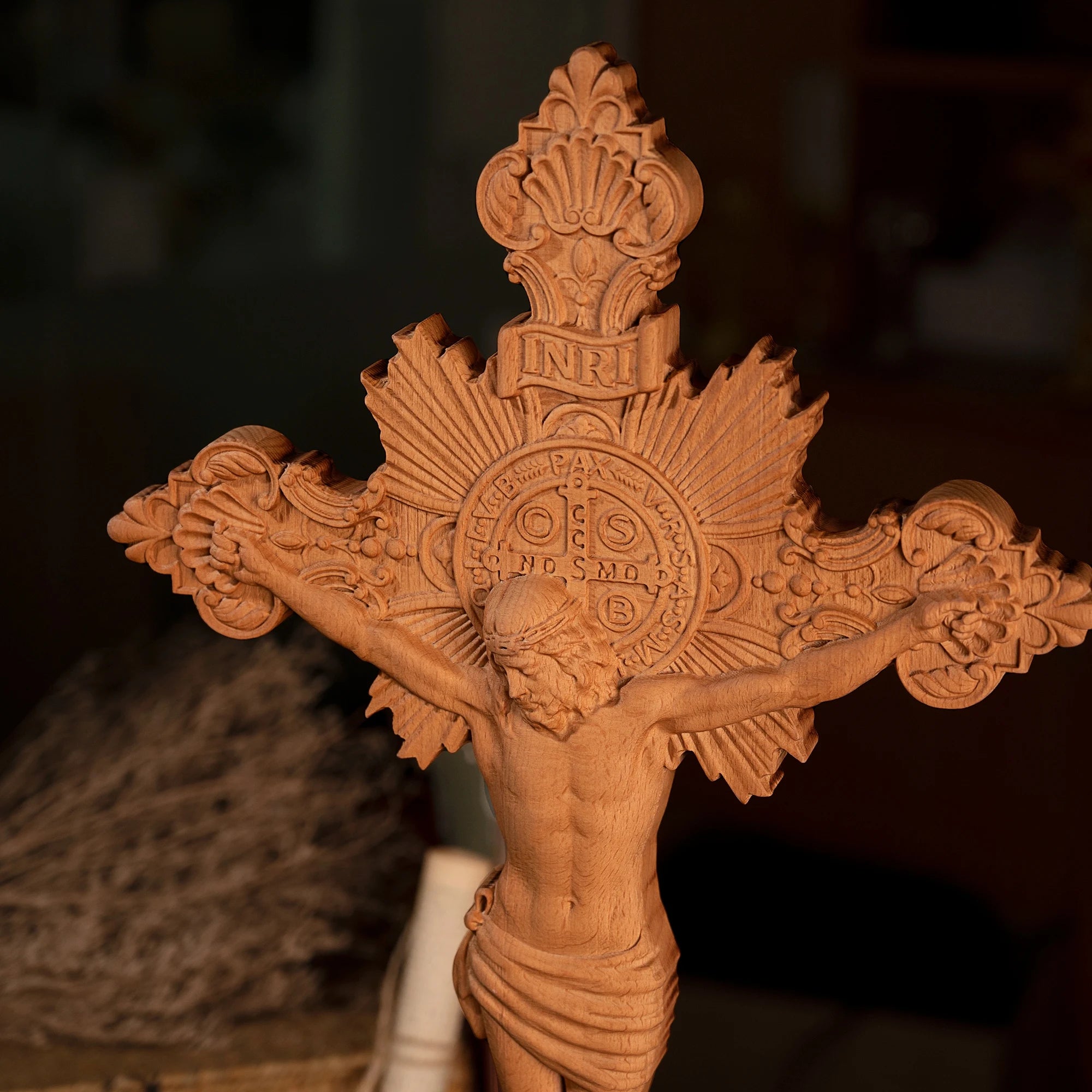 Wooden St. Benedict Cross with Stand – Religious Home Décor