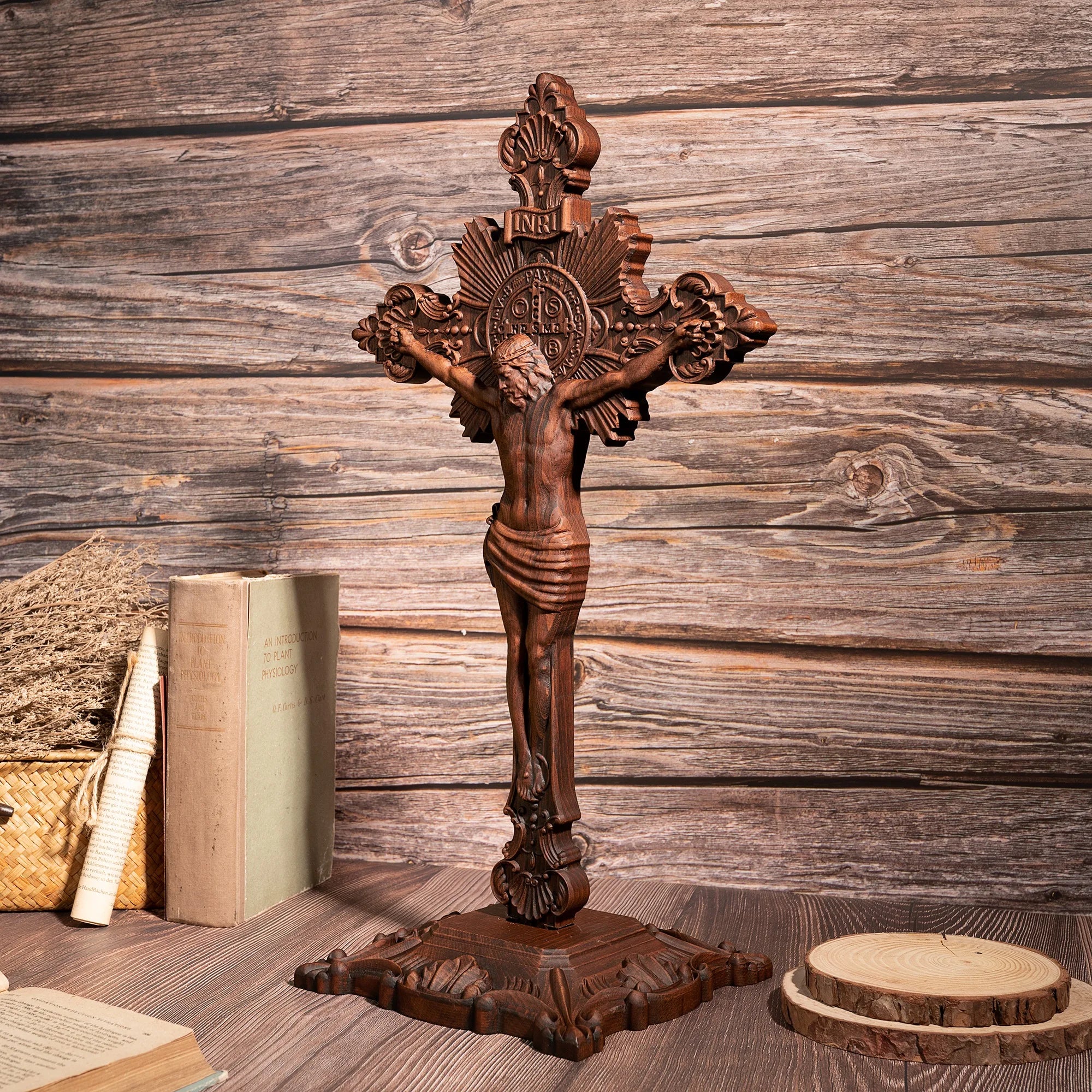 Wooden St. Benedict Cross with Stand – Religious Home Décor