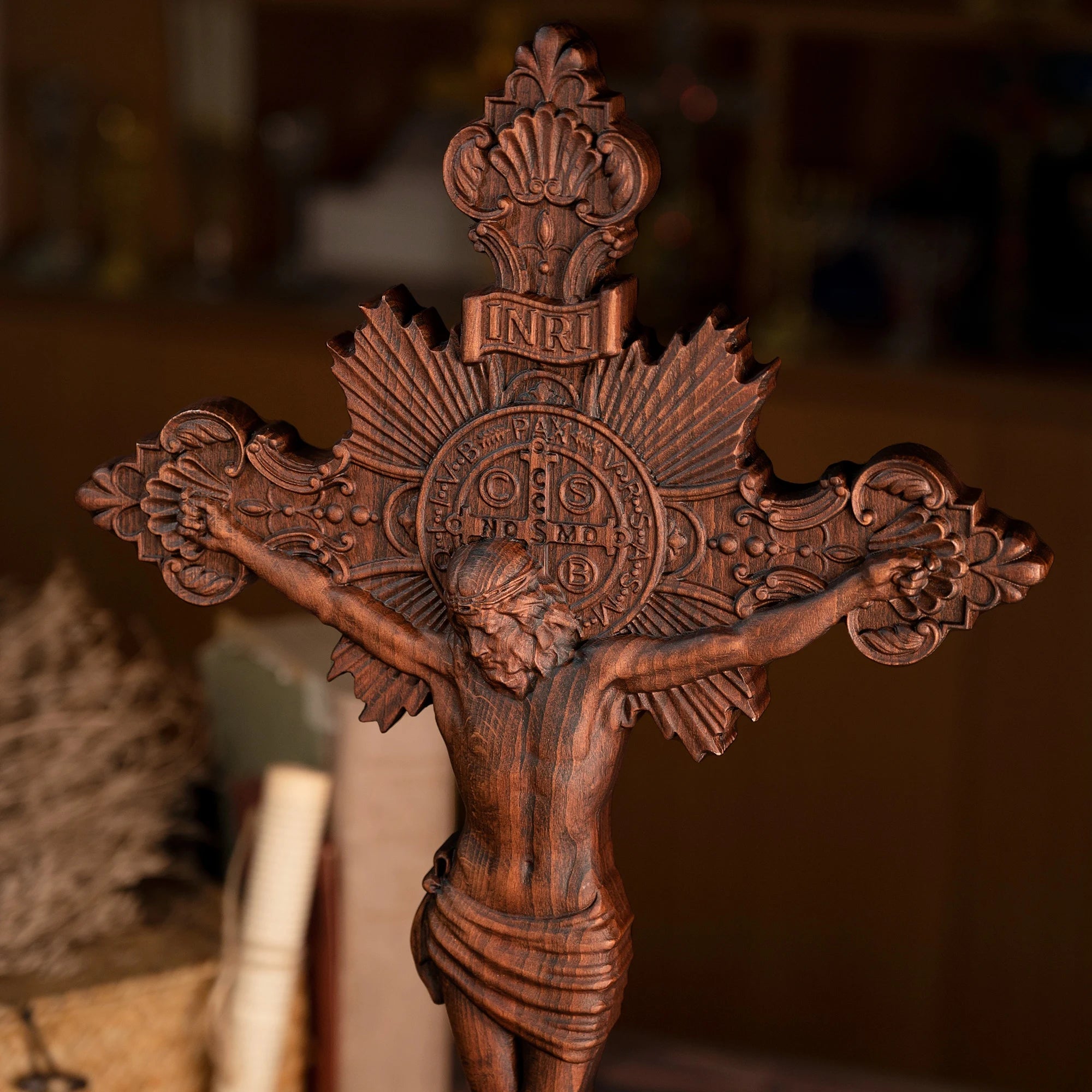 Wooden St. Benedict Cross with Stand – Religious Home Décor